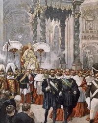 X. Pius pápa koronázása a Szent Péter-bazilikában, Vatikán, Achille Beltrame illusztrációja a La Domenica del Corriere című lapból