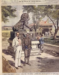 Borító illusztráció turistákról a tiltott városban; Peking, Kína