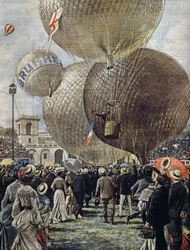 Hőlégballon indulása a milánói légikiállításon, Achille Beltrame illusztrációja a La Domenica del Corriere-ből, június 19.