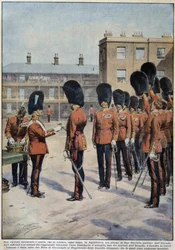 Lóhere osztása Szent Patriknak (Írország védőszentje) ír ezredek által, Anglia - A. Beltrame rajza, „La Domenica del Corriere”