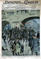 Angol jelenlét Németországban: katonai csapatok a kölni Rajna hídon. Beltrame illusztrációja. La Domenica del Corriere. 01/1919.