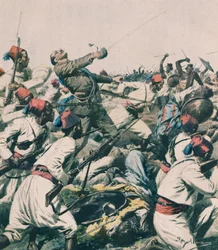 Etióp támadás a lughi helyőrség ellen és Bongiovanni kapitány megölése, Achille Beltrame alkotása, illusztráció, Achille Beltrame (1871-1945), a La Domenica del Corriere című lapból