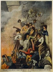 Tűz egy nagy amerikai textilgyárban: munkások a lépcsőházban, Achille Beltrame (1871-1945) illusztrációja, a La Domenica del Corriere augusztus 10-i számából.