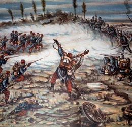Első világháború (1914-1918): 1914. augusztus 21-én Altkirch és Mulhouse között a francia és a német fegyveres erők között lezajlott ütközet. Achille Beltrame (1871-1945) illusztrációja. Magángyűjtemény.