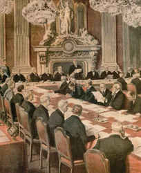 Georges Clemenceau francia elnök beszédet mond a párizsi békekonferencián, Achille Beltrame, illusztráció, Achille Beltrame (1871-1945), a La Domenica del Corriere-ből