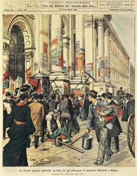 Általános választások Milánóban: összetűzések a milánói politikai plakátokon lógó emberek között, Achille Beltrame (1871-1945), a La Domenica del Corriere