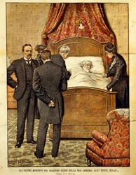Giuseppe Verdi (1813-1901) haldoklik, illusztrációja: Achille Beltrame (1871-1945). Olaszország, XX. század.