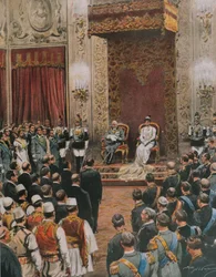 Olaszország királya, III. Savoyai Vittorio Emanuele, akit az albánok királyává koronáztak, Achille Beltrame, illusztráció, Achille Beltrame (1871-1945), a La Domenica del Corriere-ből