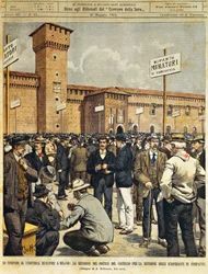 Nagyszabású építősztrájk Milánóban: Nyilvános találkozó a Sforzesco-kastély nagy udvarában, Achille Beltrame (1871-1945), La Domenica del Corriere, 1901. május 26.