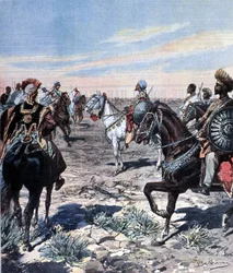 Mozzetti kapitány Ras Makonnen (Mekonnen Welde Mikael) (Abba Qagnew) (1852-1906) etiópiai táborában. Illusztráció: Beltrame. A futár Domenica. 1899.