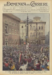 A Rómában összegyűlt Dopolavoro kerékpáros váltói a Duce elismerését, hogy az erkélyről?
