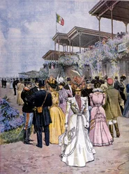 Milánó: lóverseny a San Siro lóversenypályán: a Kereskedelmi Díj (Premio del commercio) átadása. Illusztráció: Beltrame. A Domenica del corriere. 1899.
