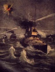 Torpedónaszádjaink merész behatolás a Dardanellák szorosában az ellenséges tűz alatt, Achille Beltrame (1871-1945), illusztráció a La Domenica del Corriere című lapból.