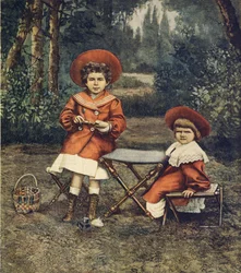 Jolanda és Mafalda hercegnők, a király lányai a Quirinale-i kertekben, Achille Beltrame (1871-1945), a La Domenica del Corriere-ből