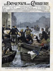 Betegek mentése Párizsban az 1910. februári árvíz idején. A „domenica del corriere”” borítója. 1910. február 13., Achille Beltrame illusztrációja