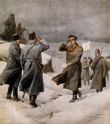 A háború újrakezdése, török parlamenti képviselő a bolgár táborba érkezik a fegyverszünet végét hirdető üzenettel, Achille Beltrame (1871-1945), illusztráció a La Domenica del Corriere-ből, február 9.