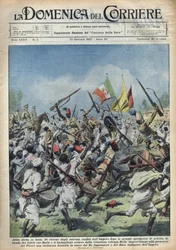 Az öröm jelenete Addisz-Abebában (Addisz-Abeba), Etiópiában, Ras Hailou visszatérése a nagy rendőri műveletekből. Defil a herceg (Benito Mussolini) és Etiópia királya tiszteletére. Achille Beltrame illusztrációja a „” La domenica del corriere” című filmben