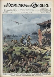 Második kínai-japán háború (1937-1945): Japán és kínai fegyverek összecsapása Pekin közelében, a japánok gyorsan kiirtanak egy egész kínai zászlóaljat. Illusztráció: Achille Beltrame a „La domenica del corriere”-ből, 1937.08.08.