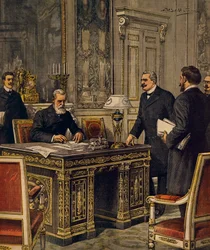 A francia-olasz választottbírósági egyezmény aláírása Párizsban, Achille Beltrame, illusztráció, illusztrátor Achille Beltrame (1871-1945), a La Domenica del Corriere-ből