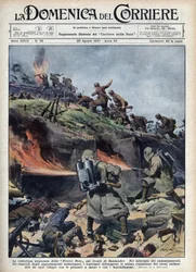 Spanyol polgárháború: A „Frecce nere” dandárok előretörése a Santander fronton. Illusztráció: Achille Beltrame a „La domenica del corriere”-ből, 1937.08.29.