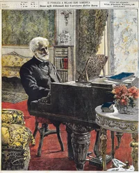 Giuseppe Verdi olasz zeneszerző a dolgozószobájában, Achille Beltrame (1871-1945) lemeze, La Domenica del Corriere, október 8.