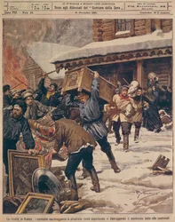 Az orosz forradalom: Parasztok kifosztják a vidéki gazdagok ingatlanait, Achille Beltrame (1871-1945), La Domenica del Corriere, 1905. december