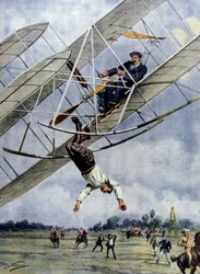 A levegő drámái: Orville Wright és Selfridge amerikai hadnagy harminc méteres magasságból száguldozik gépével. Illusztráció: Beltrame. La Domenica del Corriere. 1908.