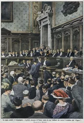 A nagy per: Madame Caillaux nagy pere Párizsban, aki meggyilkolta a Le Figaro igazgatóját. „La Domenica del Corriere”, 1914. november 22-től 29-ig.