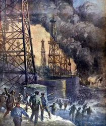 A tűz és a lángok pokla. A Signal Hill olajkút tüzel Kaliforniában. Ill.: W. Beltrame. "La Domenica del corriere", 1924.12.28.