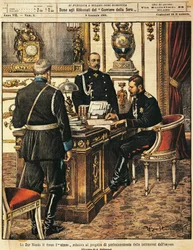 Miklós cár aláírta az intézményi reformok projektjét, Achille Beltrame (1871-1945), a La Domenica del Corriere-től, 1905. január 8.