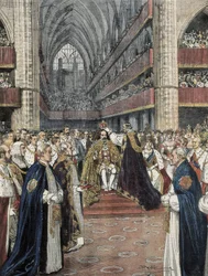 Egyesült Királyság (1901). VII. Eduárd koronázása a Westminster-apátságban. Achille Beltrame illusztrációja, amely a Domenica del Corriere lapban jelent meg. Metszet.