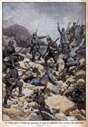 I. világháború: olasz front a Carso-fennsíkon (Trentino) és foglyok a föld alatt. „Domenica del Corriere”. 1917/07 (kőnyomat)