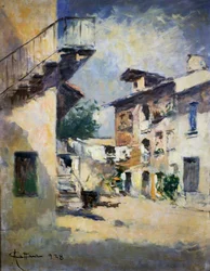 A rusztikus udvar belseje, Achille Cattaneo (1872-1931). Olaszország, XX. század.