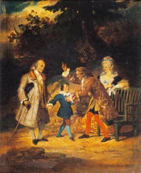Voltaire (1694-1778) üdvözli Franklint (1706-1790) és unokaöccsét.