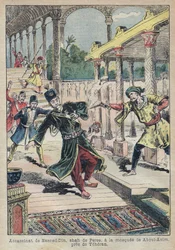 Nászer ad-Dín (1831-1896), Perzsia (Irán) sahjának meggyilkolása 1896-ban (Naseredin Shah, Naser al-Din Shah Qajar, Nassiruddin Shah néven is ismert) - Achille Lemot illusztrációja az 1896-os „Le Pèlerin” számára - A következő személy meggyilkolása: