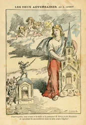 Illusztráció: Achille Lemot (1846-1909) Le Pelerinben, 09.09.06 - A két ellenfél - Antiszemitizmus, valláshit, háromszínű zászló, katedrális templomok, zsinagóga, katolikus katolicizmus - allegória, léptékváltás
