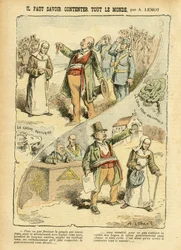 Achille Lemot (1846-1909) illusztrációja a Le Pèlerinben, 03/09/05 - Tudni kell, hogyan elégítsünk ki mindenkit - Antiklerikalizmus, szabadkőművesség-ellenesség, vallás és hit, érem, Baloldali Blokk, katolicizmus - Szerzetesek kiűzése, szekularizáció