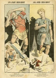 Achille Lemot (1846-1909) illusztrációja a Le Pèlerinben, 05/11/05 - Kr. e. 1070 Jézus Krisztus Kr. u. 1905 - Szabadkőművesség-ellenesség, vallás és hit, Baloldali Blokk, katolicizmus - Szekularizáció, laicitás, laikusok - Dávid, Góliát - Mesék és