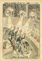 Achille Lemot (1846-1909) illusztrációja a Le Pèlerinben, 20/11/04 - Kivonat a Nagy Kelet kiáltványáról tartott szavazásból - Szabadkőművesség-ellenesség, Franciaország Nagy Keletje - Szavazóurna