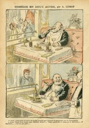 Achille Lemot (1846-1909) illusztrációja a Le Pelerinben, 2004.05.22 - Vígjáték két felvonásban - Éttermi kávézók, Gasztronómiai főzés, Szocializmus - Boys de cafe, Szarvasgomba - Kövér/sovány