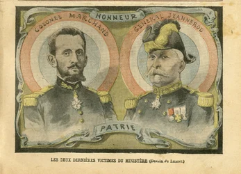 Illusztráció Achille Lemotról (1846-1909) Le Pelerinben, 2004.05.29 - A minisztérium utolsó két áldozata - Armee, Ministere de la guerre, Patriotisme - Laicite Laicite Világi törvények - Marchand Jean-Baptiste (1863-1924) , Generaux tábornok, Jeannerod Gas