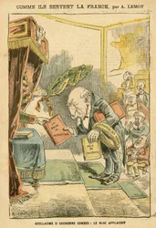 Illusztráció Achille Lemotról (1846-1909) Le Pelerinben, 04.01.31 - Hogyan szolgálják Franciaországot - Németország Poroszország, Valláshit, Baloldali Blokk, Hazafiság, Katolikus Katolicizmus - Vallásosok kilakoltatása - Combes Emile (1835-1921) , II. Vilm