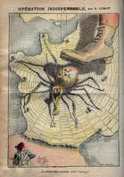 Nélkülözhetetlen műtét - Szabadkőművesség, íme az ellenség! - Achille Lemot karikatúrája a „Le Pèlerin” 1907. áprilisi számában