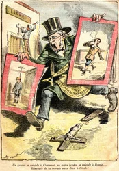 Az eredmények: egy líceumi diák öngyilkosságot követ el Clermont-ban, egy másik Bourg-ban: az iskolai, Isten nélküli erkölcs eredményei! - Achille Lemot (1846-1909) karikatúrája a Le Pèlerinben (1909) - a laikus és a vallásos (katolikus) oktatás