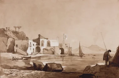 A Borbone zászlót lobogtató kikötő délen a Vezúvmal, egy borboni tanítvány kiegészítésével (ceruza, szépia mosás és gouache papíron)