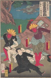 Kabuki előadás vörös indiánokkal és kubuki színészekkel, 19. század vége.