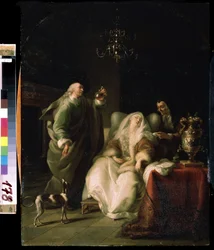 "La consult du medecin" (Beteg nő és orvos) Az orvos megvizsgál egy fiola vizeletet egy beteg hölgy konzultációja során. Adam Braun (1748-1827) festménye: Mikhail Kroshitsky Művészeti Múzeum, Szevasztopol (Szevasztopol) Ukrajna