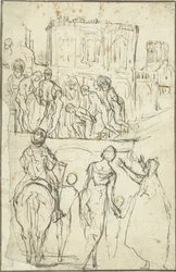 Német: Josephus wird von Nicanor vor Kaiser Vespasianus geführt Josephust Nicanor vezeti Vespasianus császár előtt.