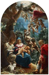 Olasz: sacra famiglia con san giovannino e un angelo A Szent Család Keresztelő Szent János csecsemővel és angyalokkal.