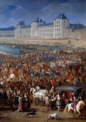 Udvar és köcsögök. XIV. Lajos (1638-1715) jobb oldali részlete, amint átkel a Pont Neuf hintóján. Adam Francois Van Der Meulen (1632-1690) festménye